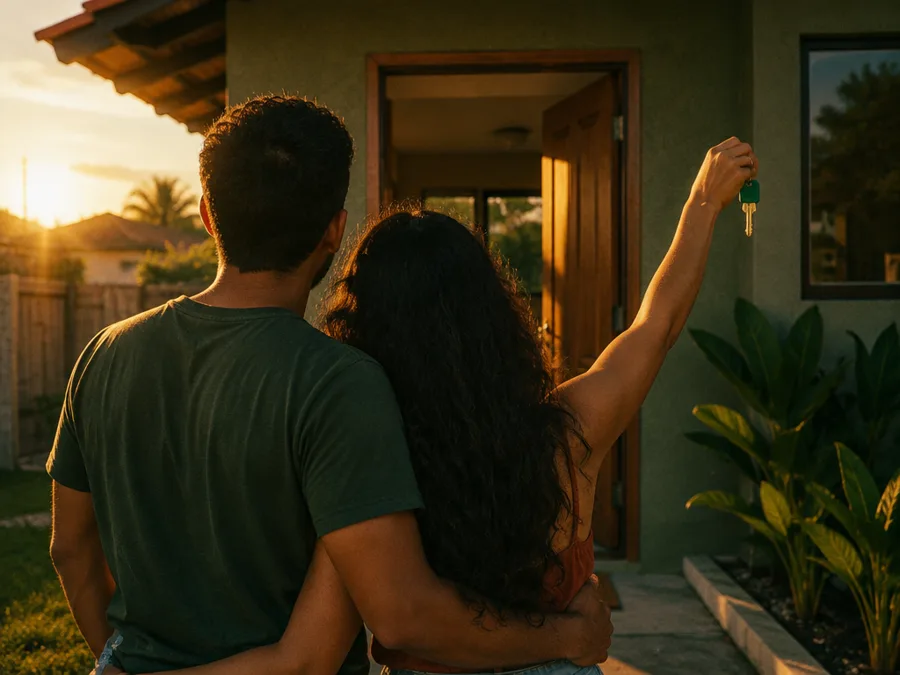 Casal na porta da casa nova segurando a chave