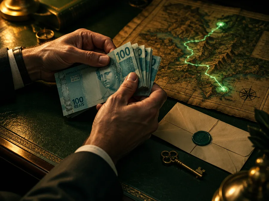 Mãos contando notas de 100 reais ao lado de um envelope e uma chave