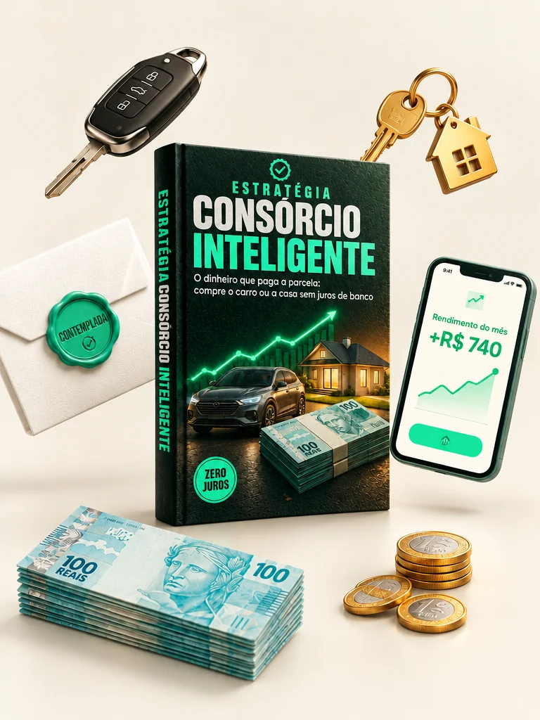 O Mapa do Consórcio Lucrativo com chave de carro, chave de casa, carta contemplada, dinheiro e um celular mostrando o rendimento do mês